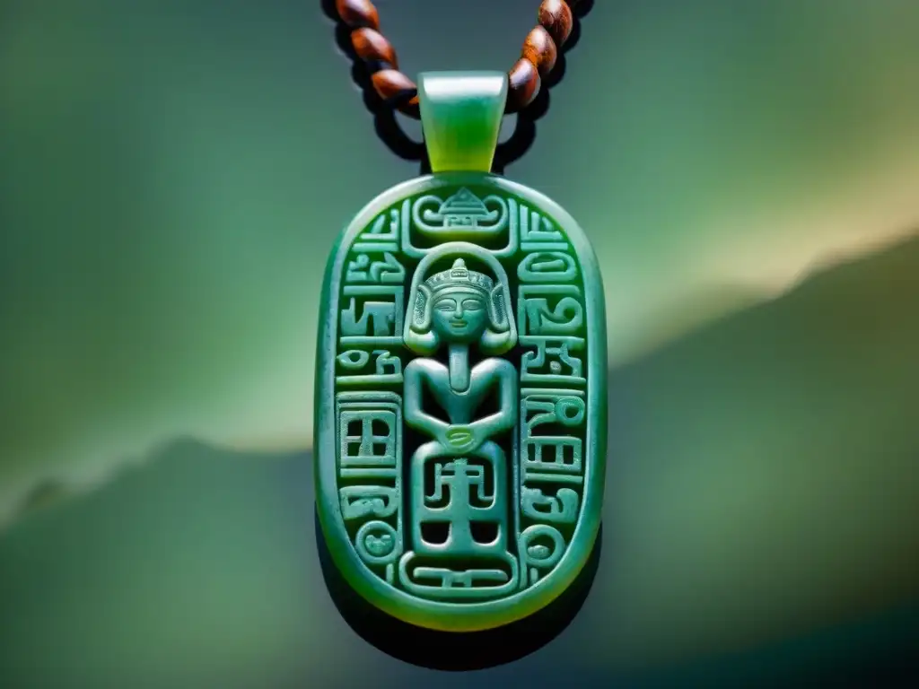 Una joya maya de jade con símbolos de poder y protección, iluminada en verde bajo luz suave