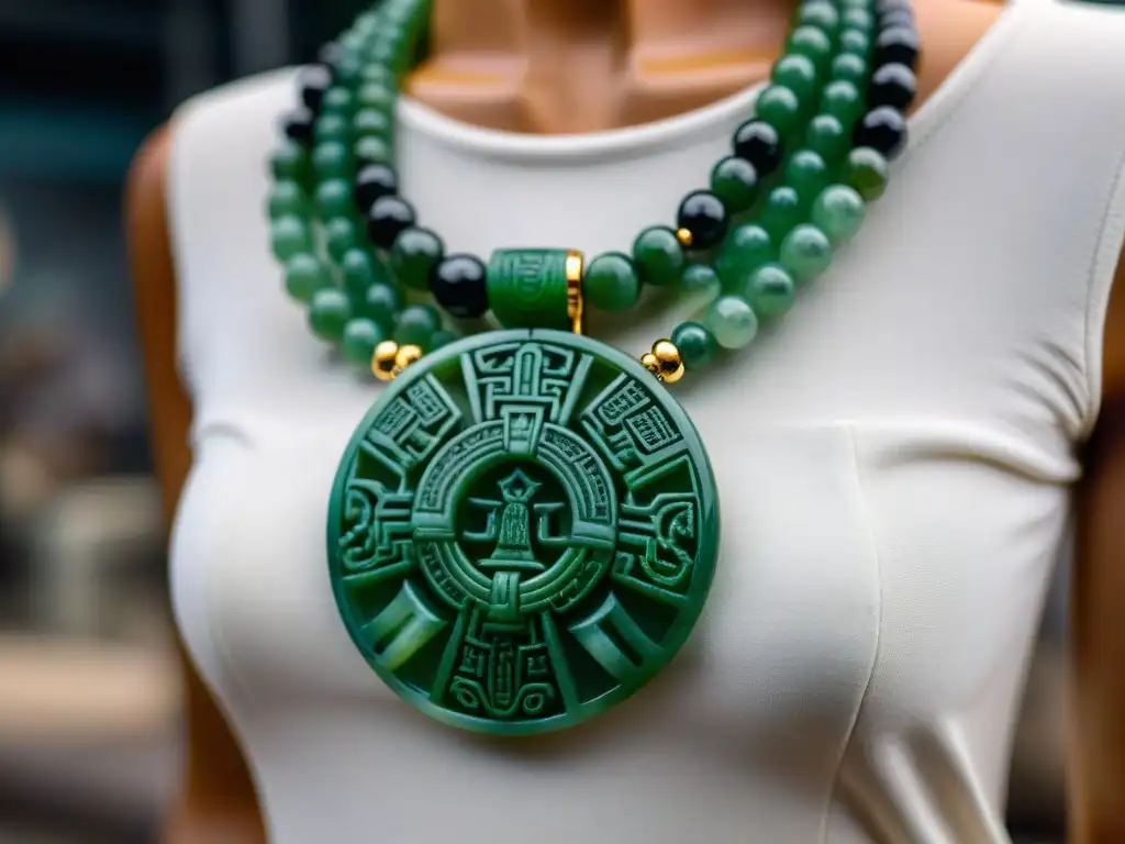 Una joya maya de jade con símbolos tradicionales y detalles intrincados, reflejando su significado espiritual y cultural