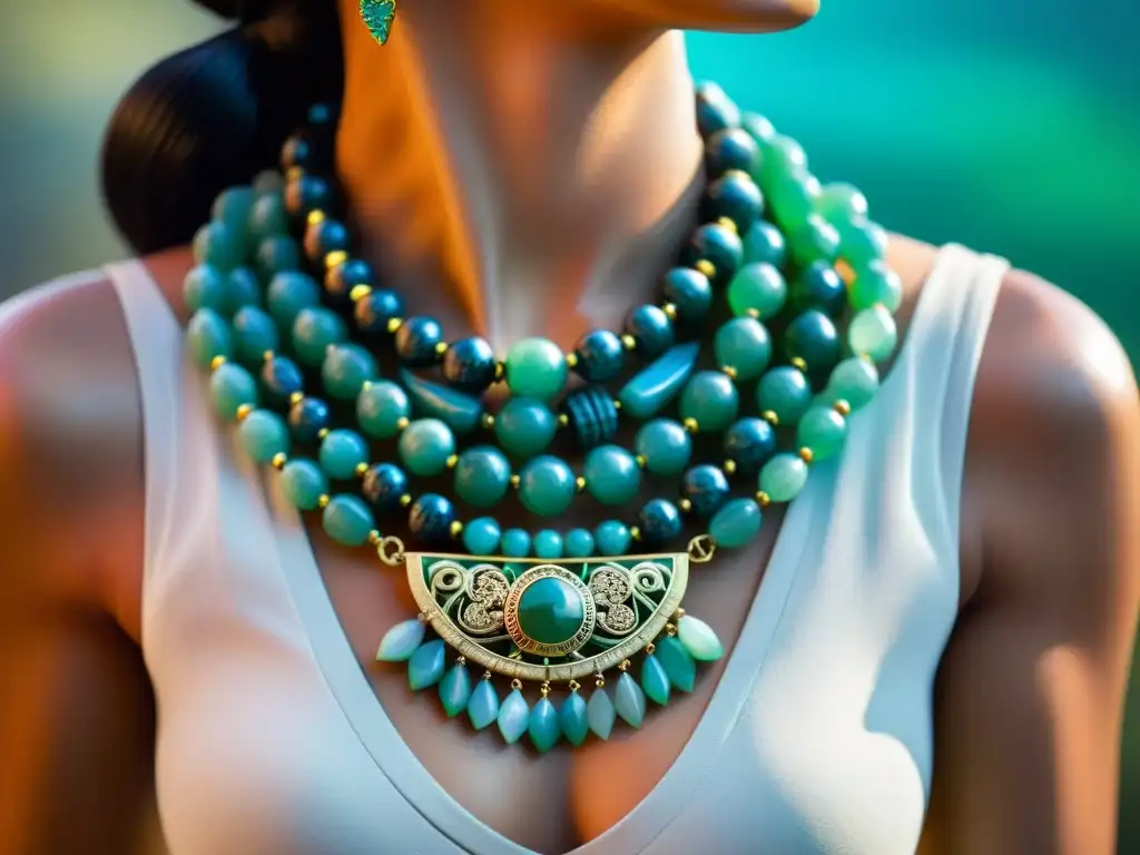 Una joya maya que simboliza estatus social: un collar de jade detallado con turquesas y oro, reflejando opulencia y prestigio