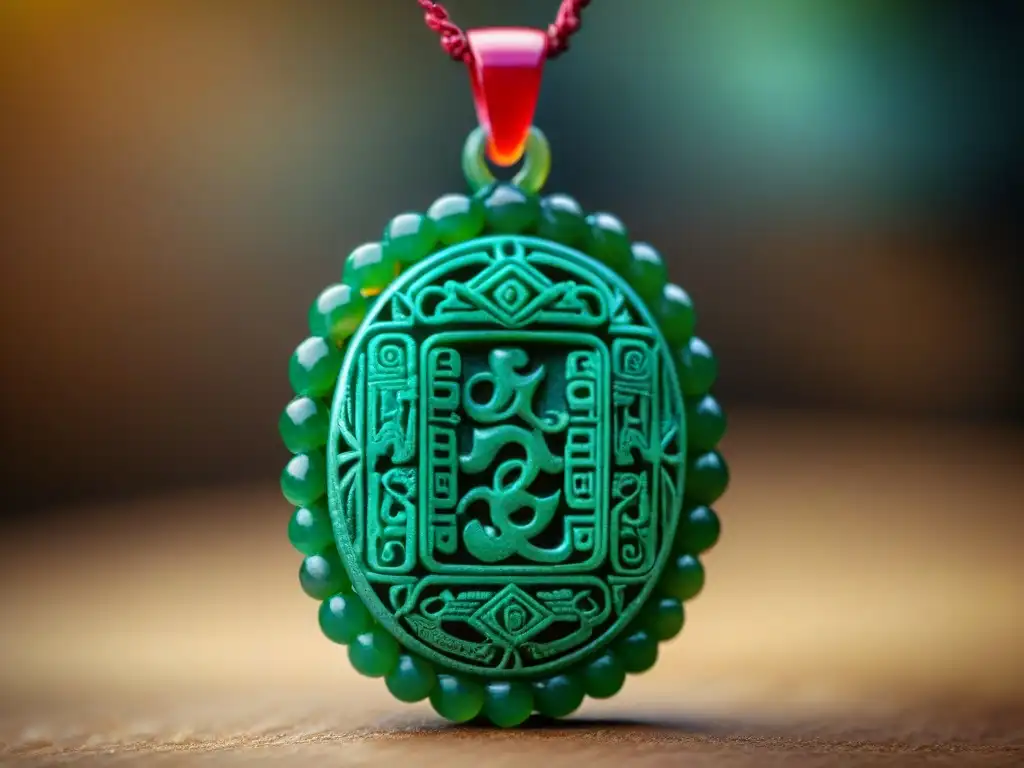 Una joya maya de jade tallada con intrincados glifos, ilustrando el significado de la cultura