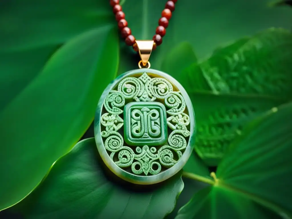 Una joya Maya tallada en jade, con símbolos y diseños tradicionales, en medio de exuberante selva verde