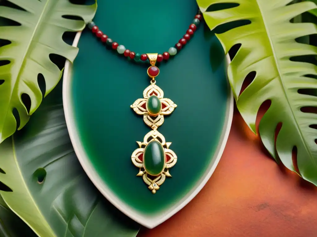 Una joya única estilo maya: collar de jade con símbolos tallados, sobre piedra en jungla vibrante