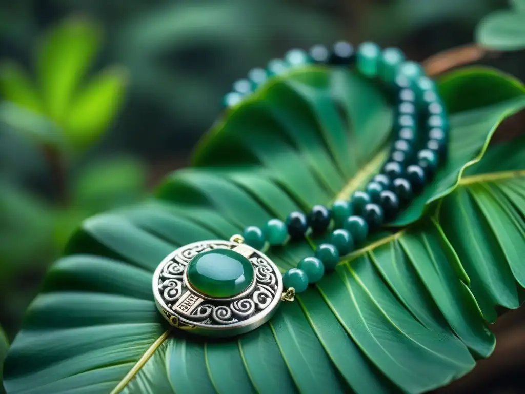 Una joya única estilo maya: collar de jade tallado con símbolos tradicionales, en la exuberante selva