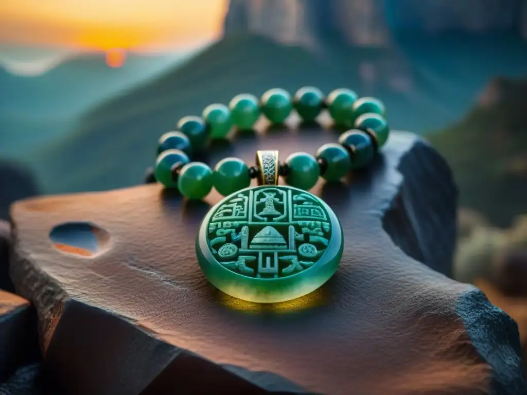 Joyas mayas en la cultura pop: Detalle de un collar de jade maya en un set de película, resaltando su artesanía y simbología