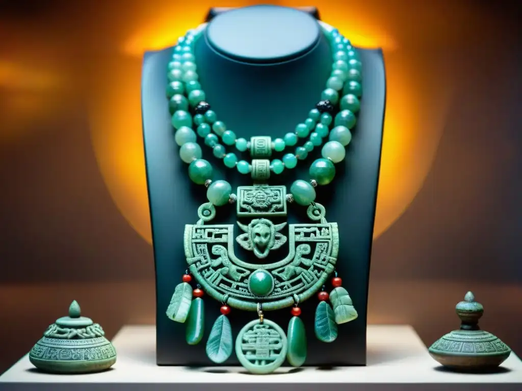 Joyas mayas turismo cultural: Collar de jade tallado con símbolos de vida, naturaleza y espiritualidad, iluminado en un museo