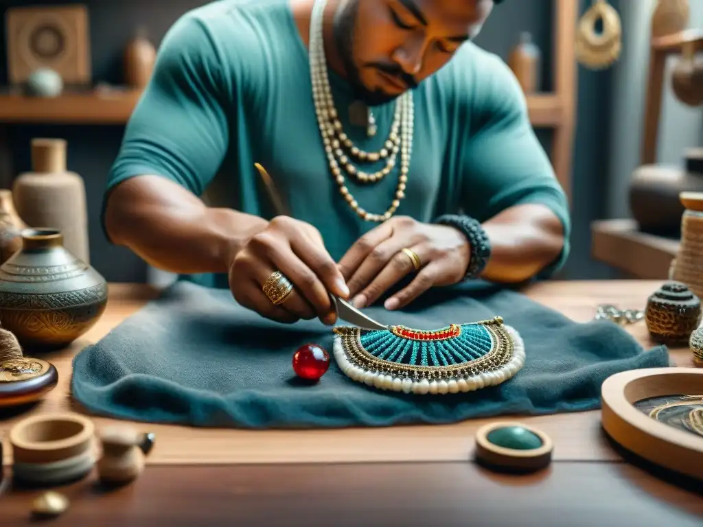 Artesano de joyas fusiona técnica maya con arte contemporáneo Joyería contemporánea inspirada en técnicas mayas, artesano creando una pieza única rodeado de herramientas y gemas
