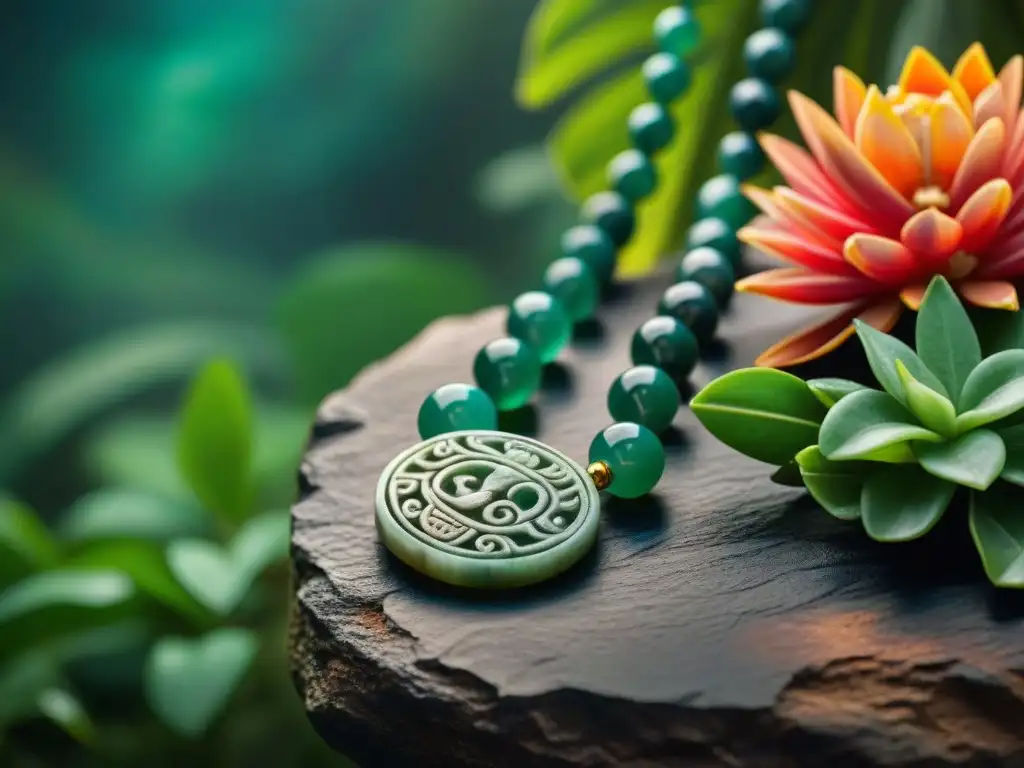 Una joyería maya de significado espiritual: un collar de jade tallado con símbolos en ruinas antiguas entre la exuberante selva