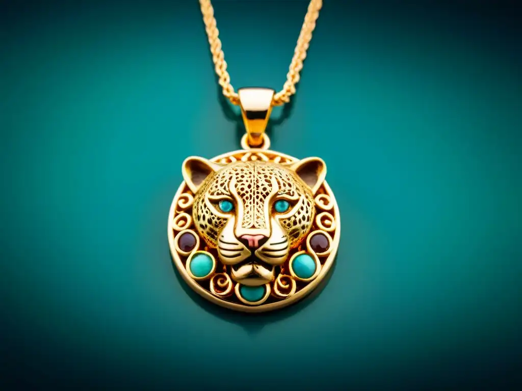 Una joyería maya colección virtual: un intrincado colgante de oro en forma de jaguar, decorado con piedras turquesa y jade