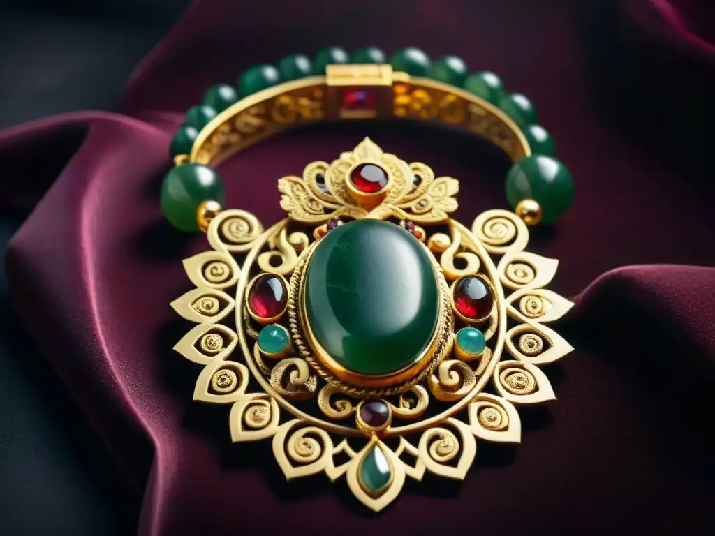 Joyeros de la realeza maya: Detalle impresionante de una joya real maya de oro y jade con incrustaciones coloridas y filigranas exquisitas