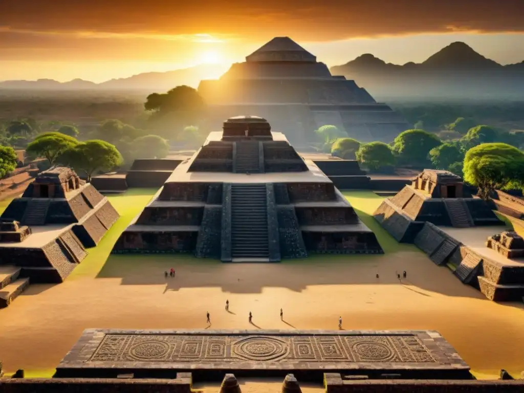 Un juego de pelota en Teotihuacán, con la majestuosidad de las pirámides al fondo y jugadores listos para competir