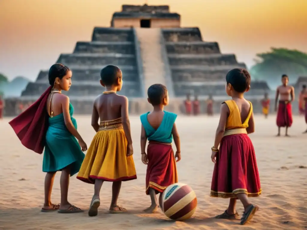 Juego de pelota maya al atardecer, niños con trajes vibrantes, ruinas antiguas