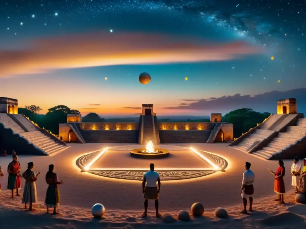 Juego de pelota maya bajo el cielo estrellado, con jugadores en atuendo tradicional y la cancha iluminada por antorchas