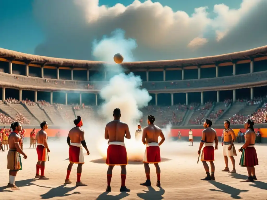 Juego de pelota maya contemporáneo: Jugadores compiten en un emocionante partido bajo el sol mesoamericano, rodeados de espectadores