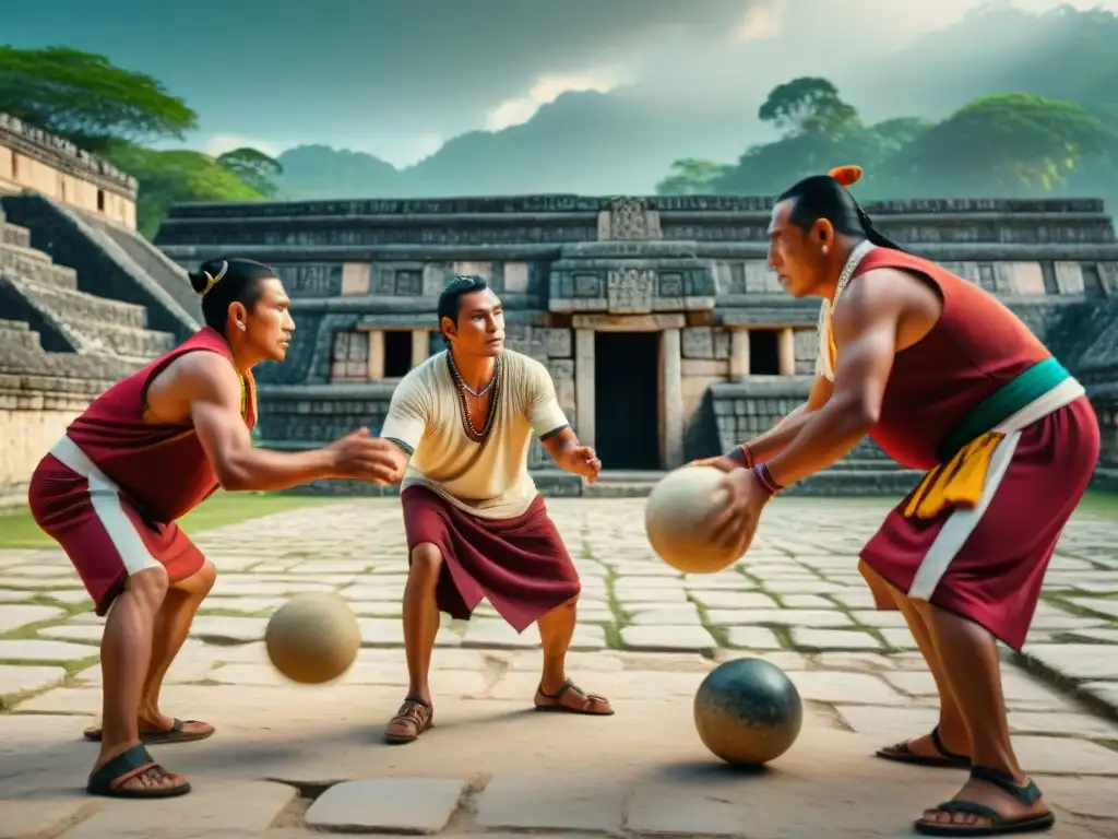 Revivir Juego de Pelota Maya: Descendientes mayas juegan con pasión en una antigua cancha de piedra, vistiendo atuendos tradicionales