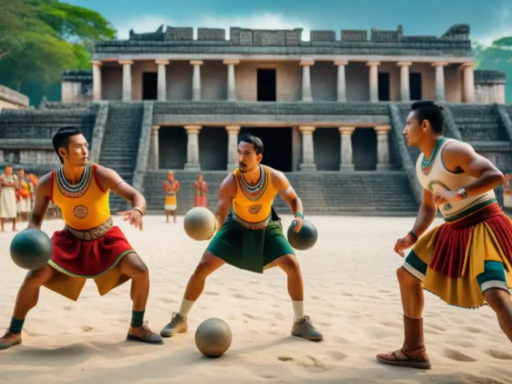 Recreación del Juego de Pelota Maya: Descendientes mayas juegan animadamente en una cancha soleada y colorida