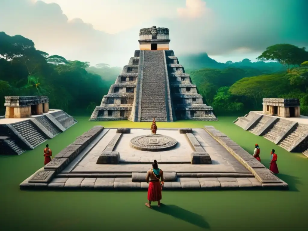 Descubre el Juego de Pelota Maya educativo con descendientes modernos en una escena histórica detallada