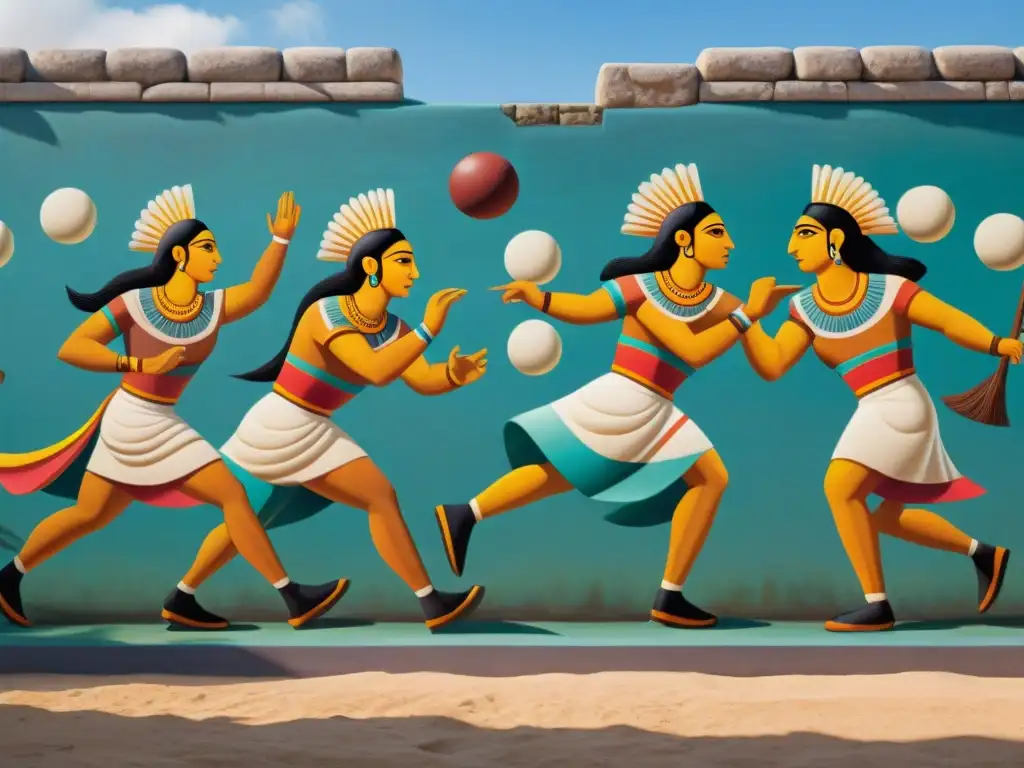 Juego de pelota civilización maya: Mural detallado de atletas mayas en un vibrante juego de pelota en una ciudad mesoamericana