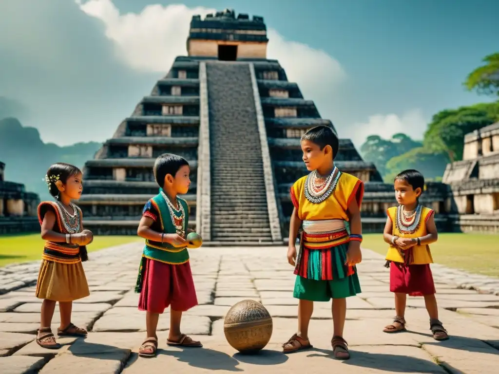 Juegos infantiles mayas educativos: Niños mayas juegan la pelota en plaza ancestral, en atuendos coloridos