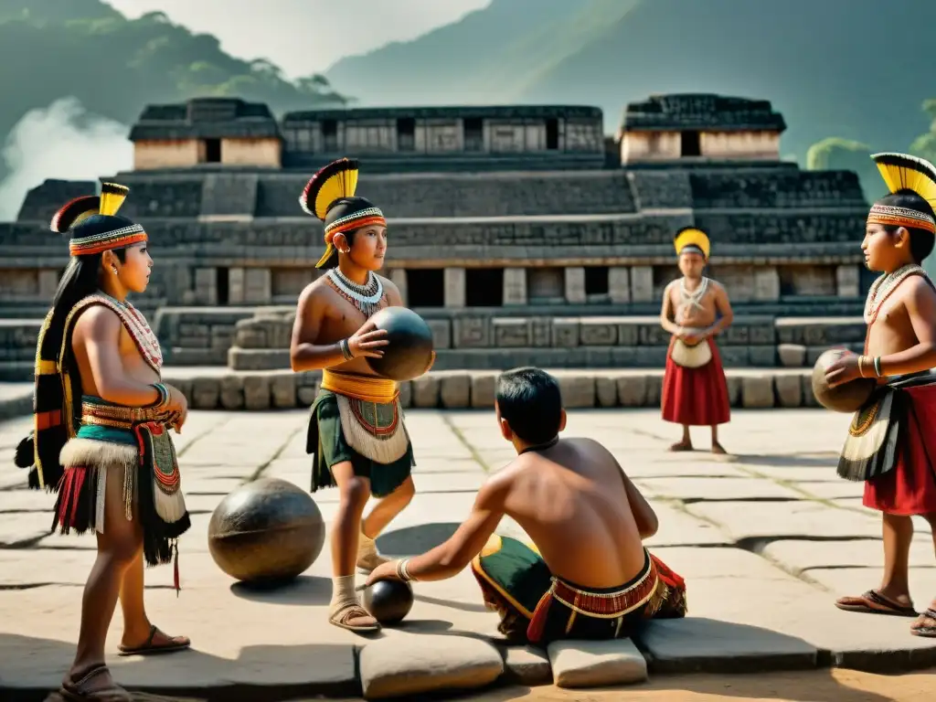 Juegos infantiles mayas educativos: Detalle de niños mayas jugando El Tlachtli en una reseña histórica