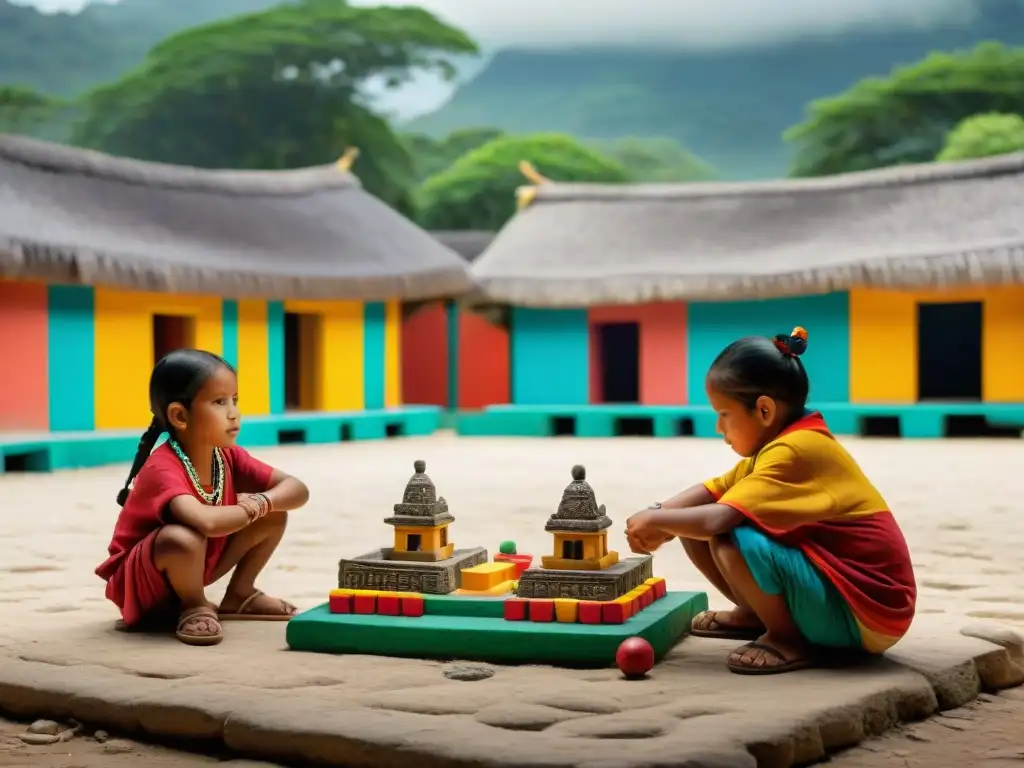 Juegos infantiles mayas educativos: Niños mayas juegan tradicionalmente en plaza colorida, transmitiendo herencia cultural