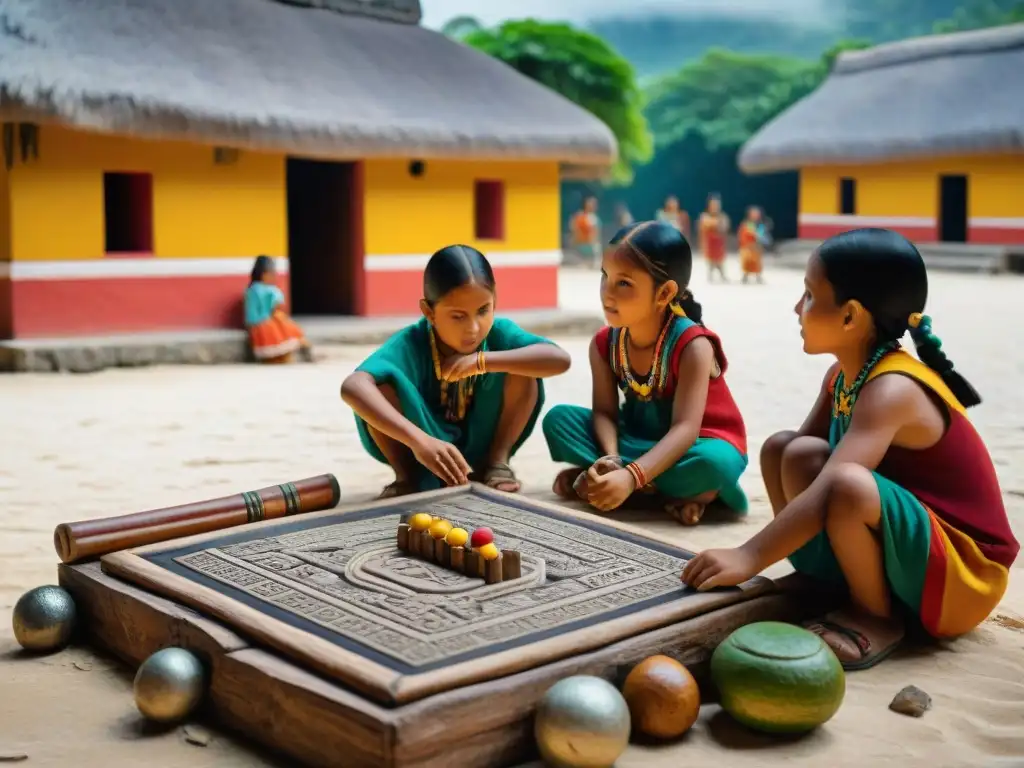 Juegos infantiles mayas educativos: Niños mayas juegan en la plaza, inmersos en sus tradicionales juegos educativos