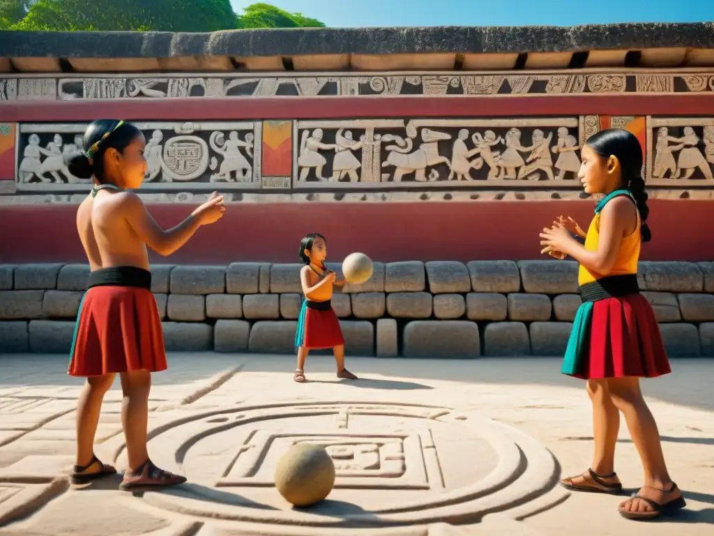 Juegos tradicionales en cultura maya: Niños mayas juegan PokATok en una cancha colorida con decoraciones ancestrales