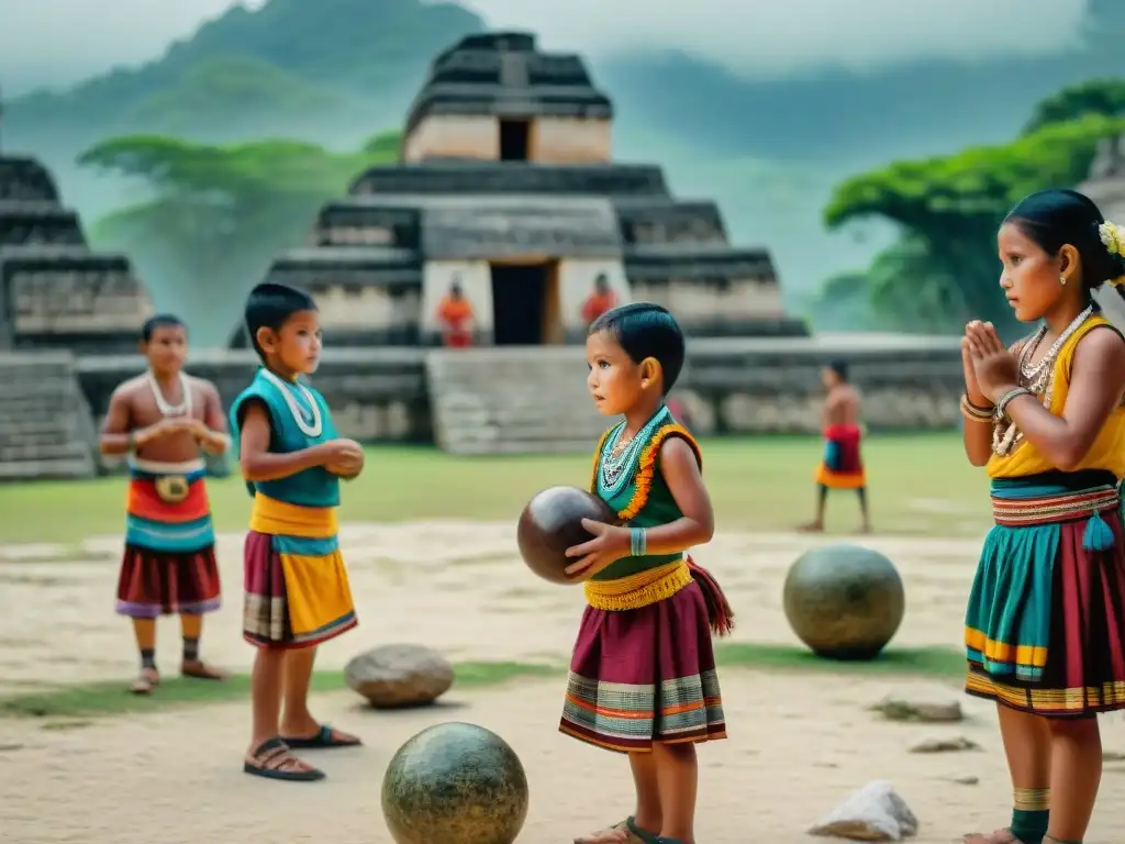 Juegos tradicionales mayas educativos: Niños mayas juegan Pok Ta Pok en una plaza vibrante, con vestimenta tradicional y espectadores emocionados