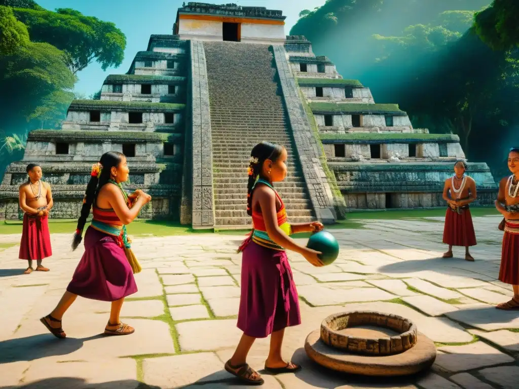 Juegos tradicionales mayas educativos: Niños mayas juegan en plaza soleada con vestimenta colorida, ante la mirada de onlookers de todas las edades