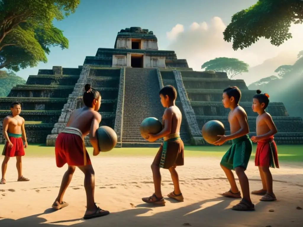 Juegos tradicionales mayas educativos: niños mayas juegan poktapok en un campo soleado, con trajes coloridos y ruinas de templos al fondo