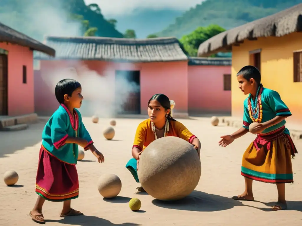 Juegos tradicionales mayas y estructura social: Niños guatemaltecos juegan a la pelota maya en la plaza del pueblo