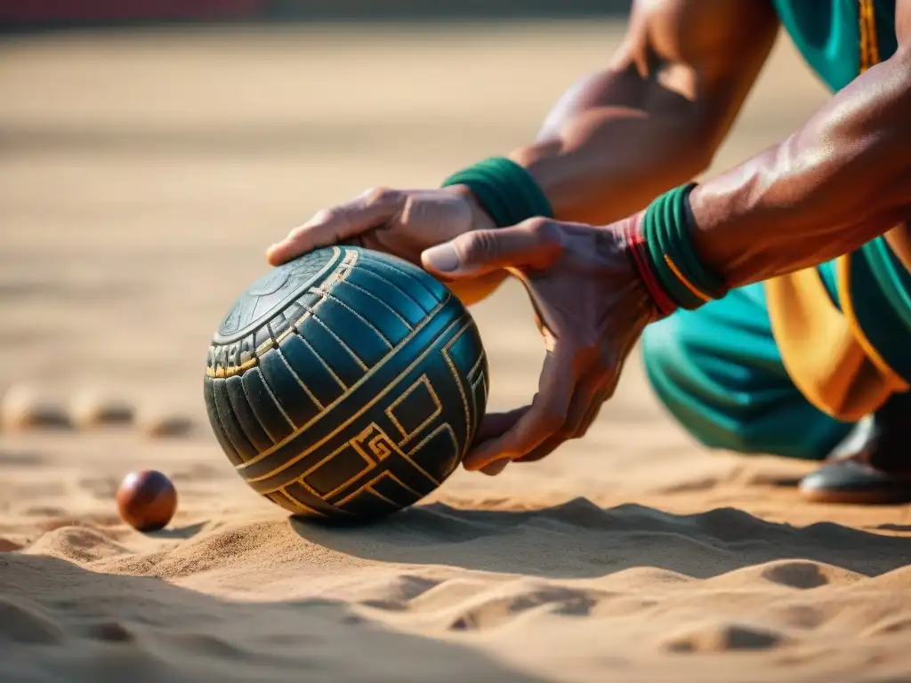 Un jugador de pelota maya concentrado en el entrenamiento, con las manos firmes en la esférica de goma