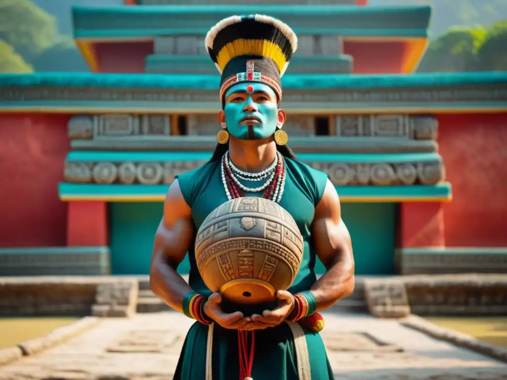 Un jugador de pelota ulama tradición Maya, listo para el juego ritual ante un templo vibrante