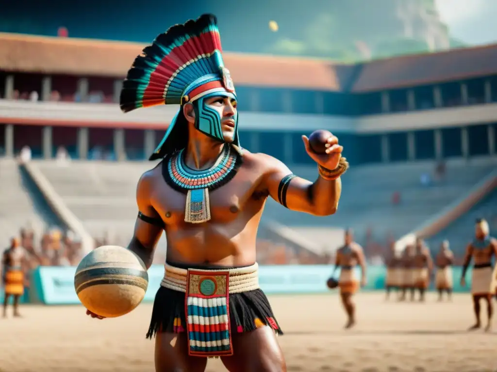 Jugador de pelota maya con vestimenta tradicional en juego vibrante en la cancha