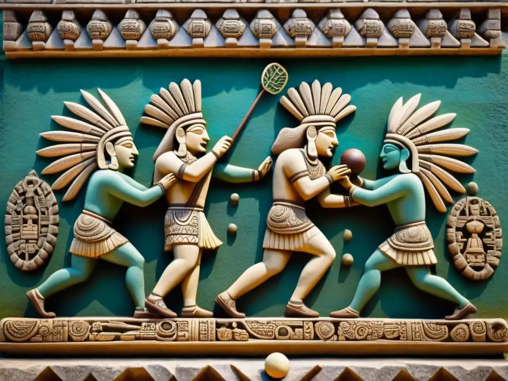 Dos jugadores mayas compiten intensamente en un juego de pelota, con detalles vívidos y técnicas Juego de Pelota Maya destacadas