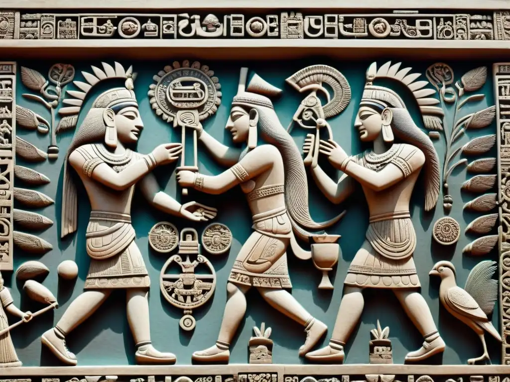 Dos jugadores mayas en un ritual de juego de pelota, con ornamentos y espectadores