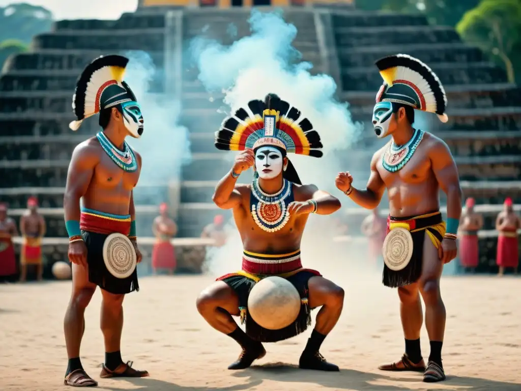 Jugadores de pelota maya en ceremonia tradicional con vestimenta y pintura corporal vibrante en sitio arqueológico