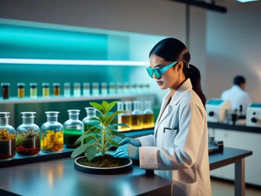 Un laboratorio moderno donde científicos extraen compuestos medicinales de plantas mayas, fusionando tradición y ciencia