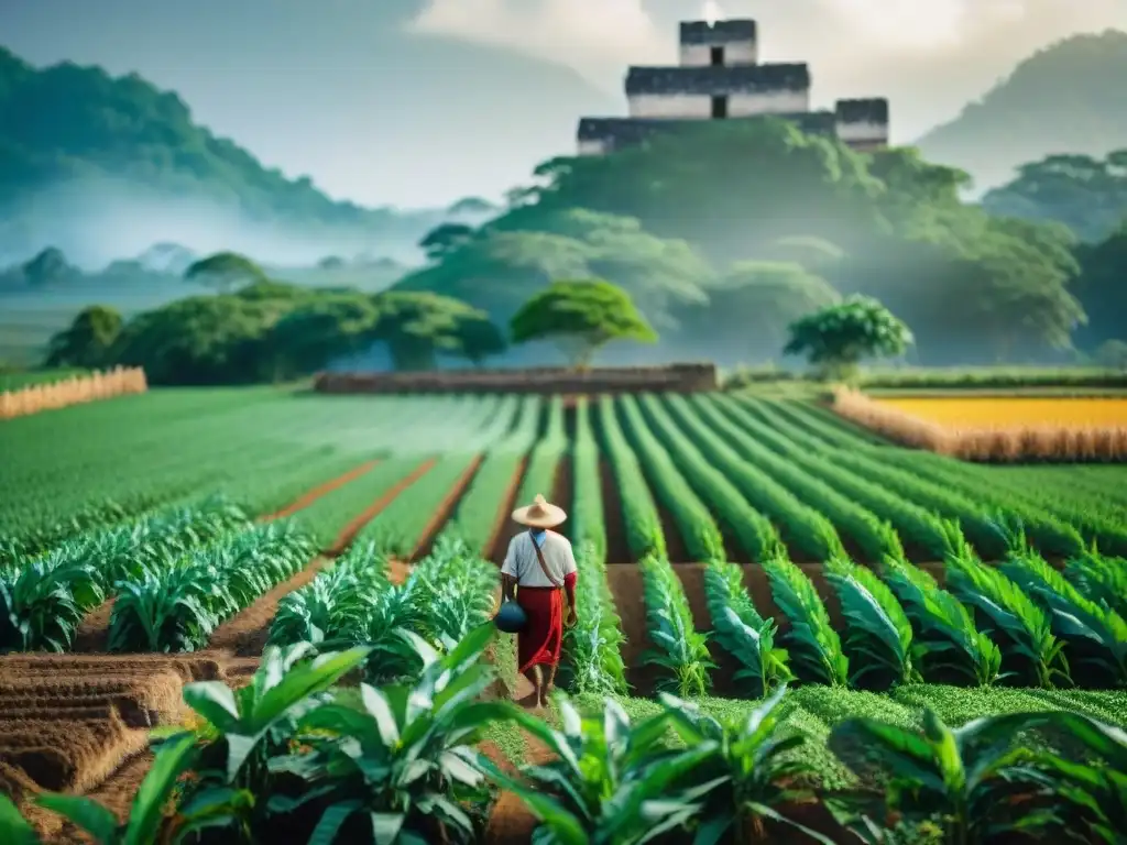 Un labriego maya en un campo vibrante planta maíz bajo el sol, rodeado de ruinas y cultivos