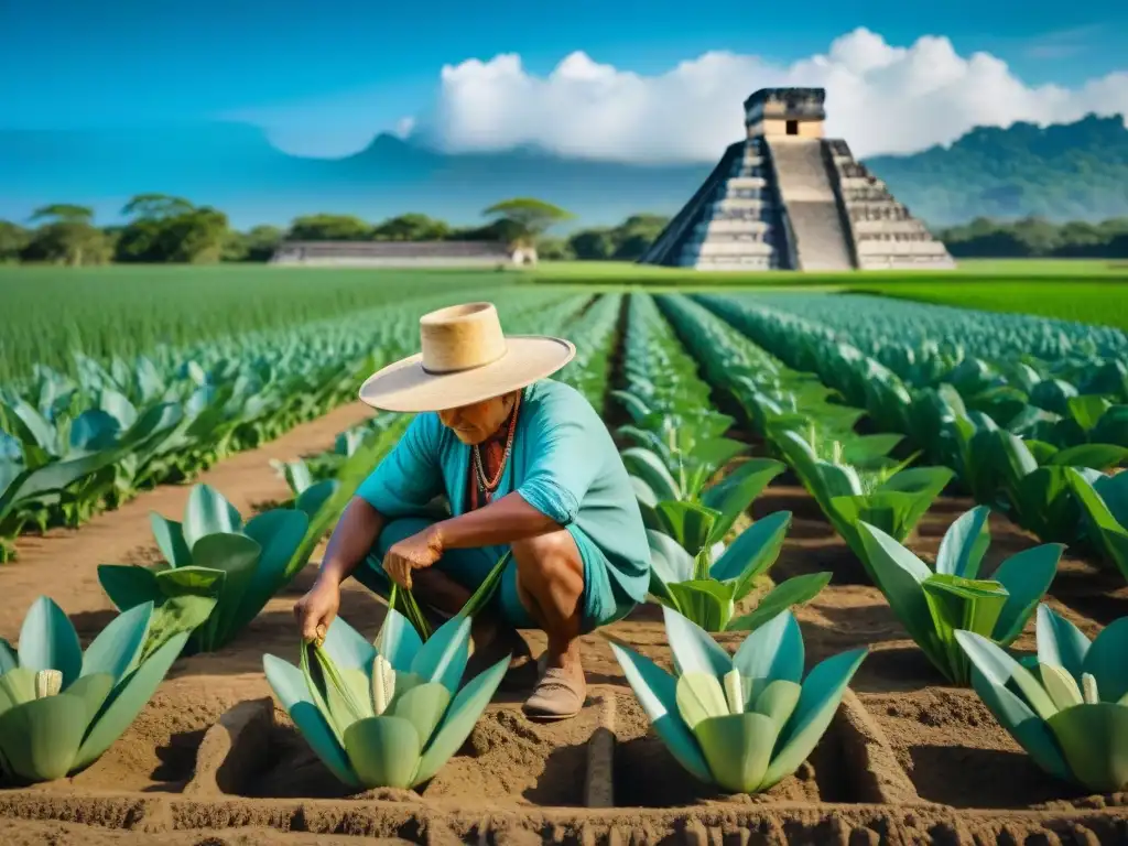 Un labriego maya cuida con esmero sus cultivos de maíz en un campo extenso, con un templo ancestral de fondo