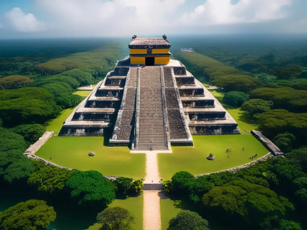 El legado de Kukulkán en arquitectura: la majestuosa pirámide de Chichén Itzá capturada desde el aire, con sombras de serpiente en el equinoccio