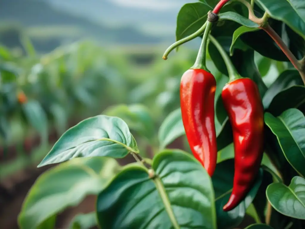 Legado maya: detallada imagen de pimientos Tabasco rojos brillantes en un campo tradicional, resaltando su belleza natural