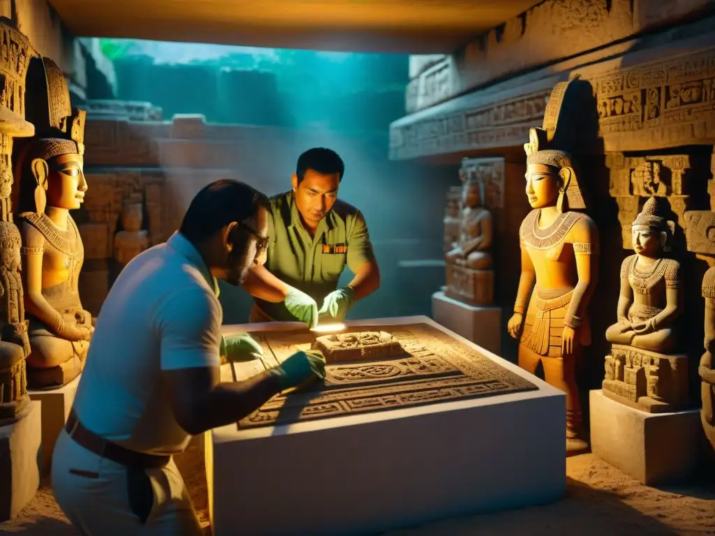 Conservación del legado maya innovador: Grupo de conservacionistas mayas restaurando artefactos antiguos con dedicación en una sala atmosférica