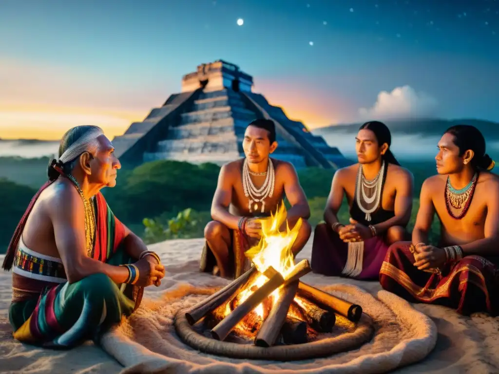 Mayan elders comparten leyendas bajo el cielo estrellado, educando a las nuevas generaciones