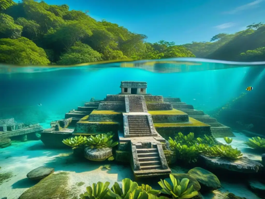 Explora las leyendas de ciudades mayas perdidas bajo las aguas turquesas, con ruinas ancestrales iluminadas por la luz del sol y peces de colores