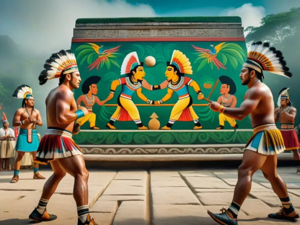 Leyendas del Juego de Pelota Maya: Mural vibrante de un intenso partido entre jugadores mayas