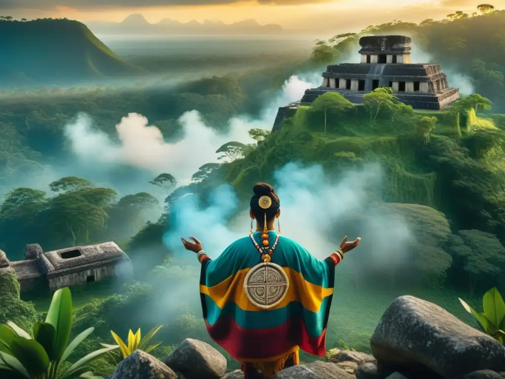 Un líder espiritual maya moderno realiza un ritual Hunab Ku al amanecer entre ruinas y selva exuberante