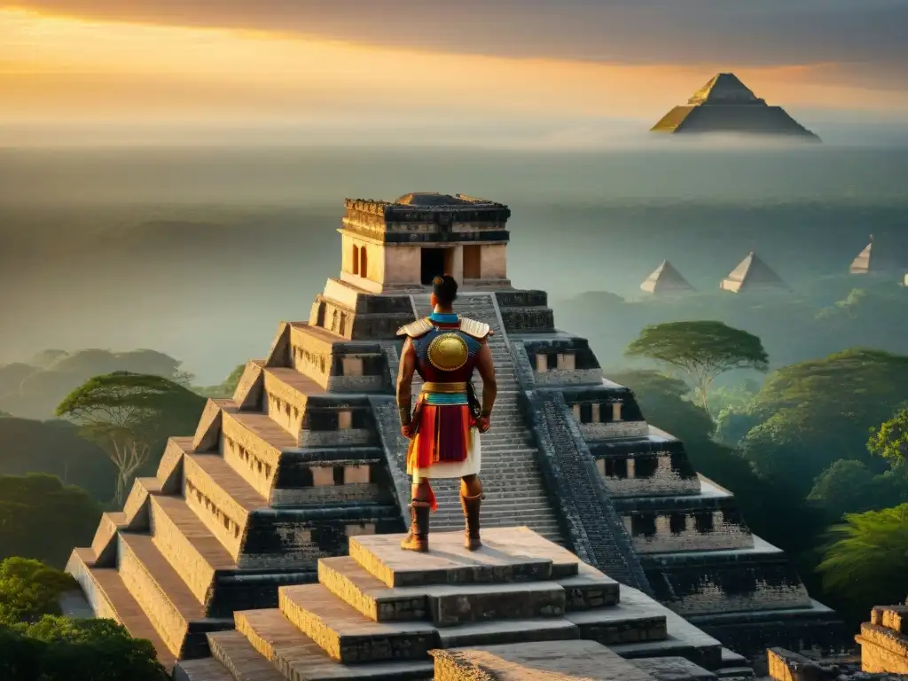 Un líder militar maya en la cima de una pirámide al atardecer, con estrategias militares mayas ocaso