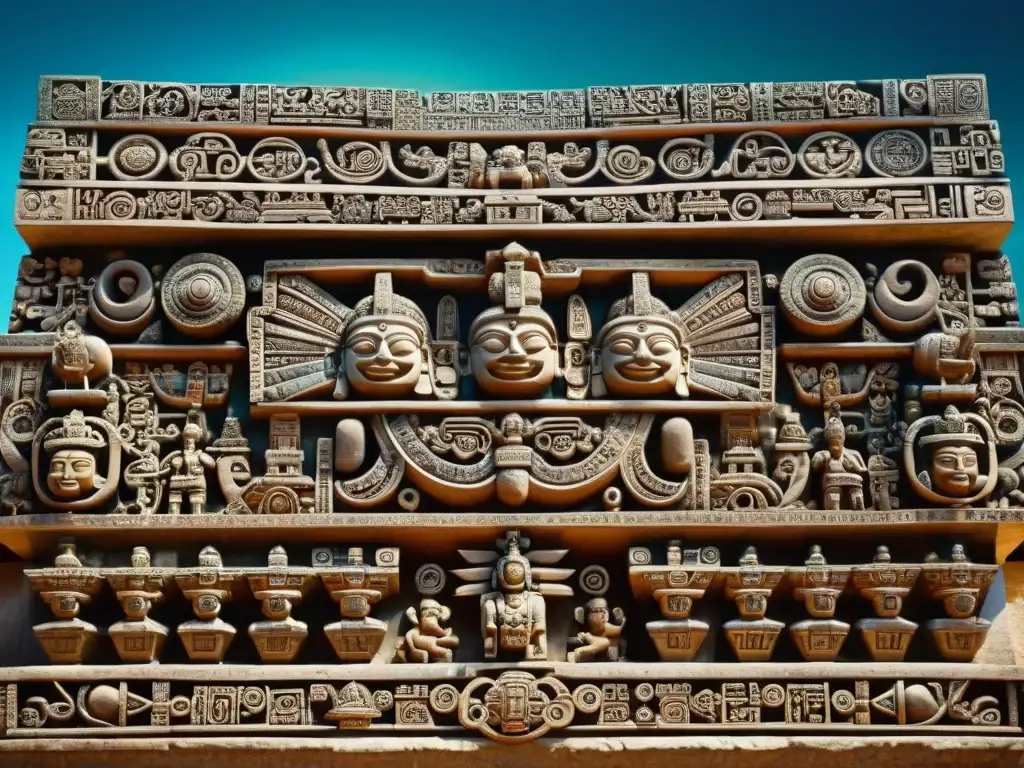 Lintel de piedra esculpida con los trece cielos del Universo Maya, detalle y simbología celestial