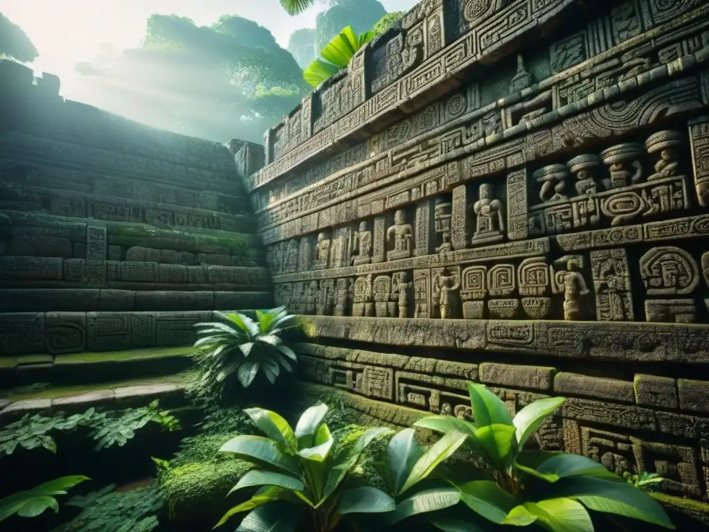 La luz del sol ilumina las antiguas inscripciones en un templo maya, resaltando el impacto del cambio climático en la cultura maya