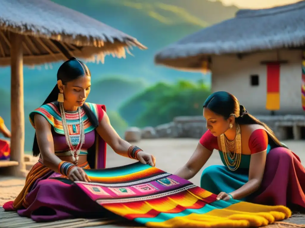 Tejedoras mayas creando arte al amanecer Maestras tejedoras mayas crean bellas piezas textiles al amanecer, reflejando la Ética Maya Dualidad Bien Mal